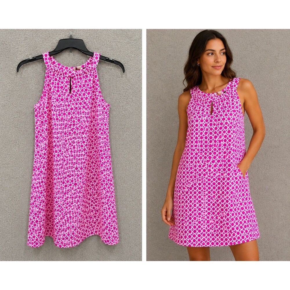 Jude Connally Womens Dress XS Pink White Geometric Shift Keyhole Neck Stretch
